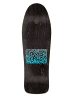 A skateboard deck shown from the underside, featuring a dark black wood-grain finish with a prominent blue and black graphic in the center.