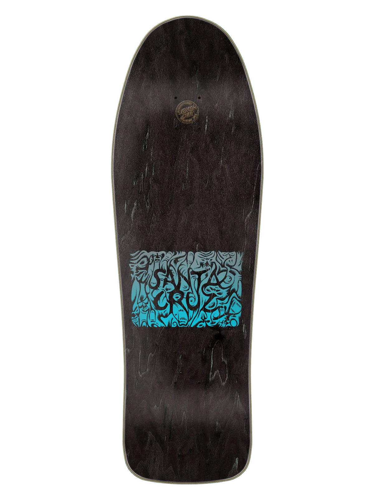 A skateboard deck shown from the underside, featuring a dark black wood-grain finish with a prominent blue and black graphic in the center.
