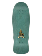 A teal green skateboard deck with a vintage-style cactus and banner graphic in gold, black, and white near the center, shown against a plain white background.