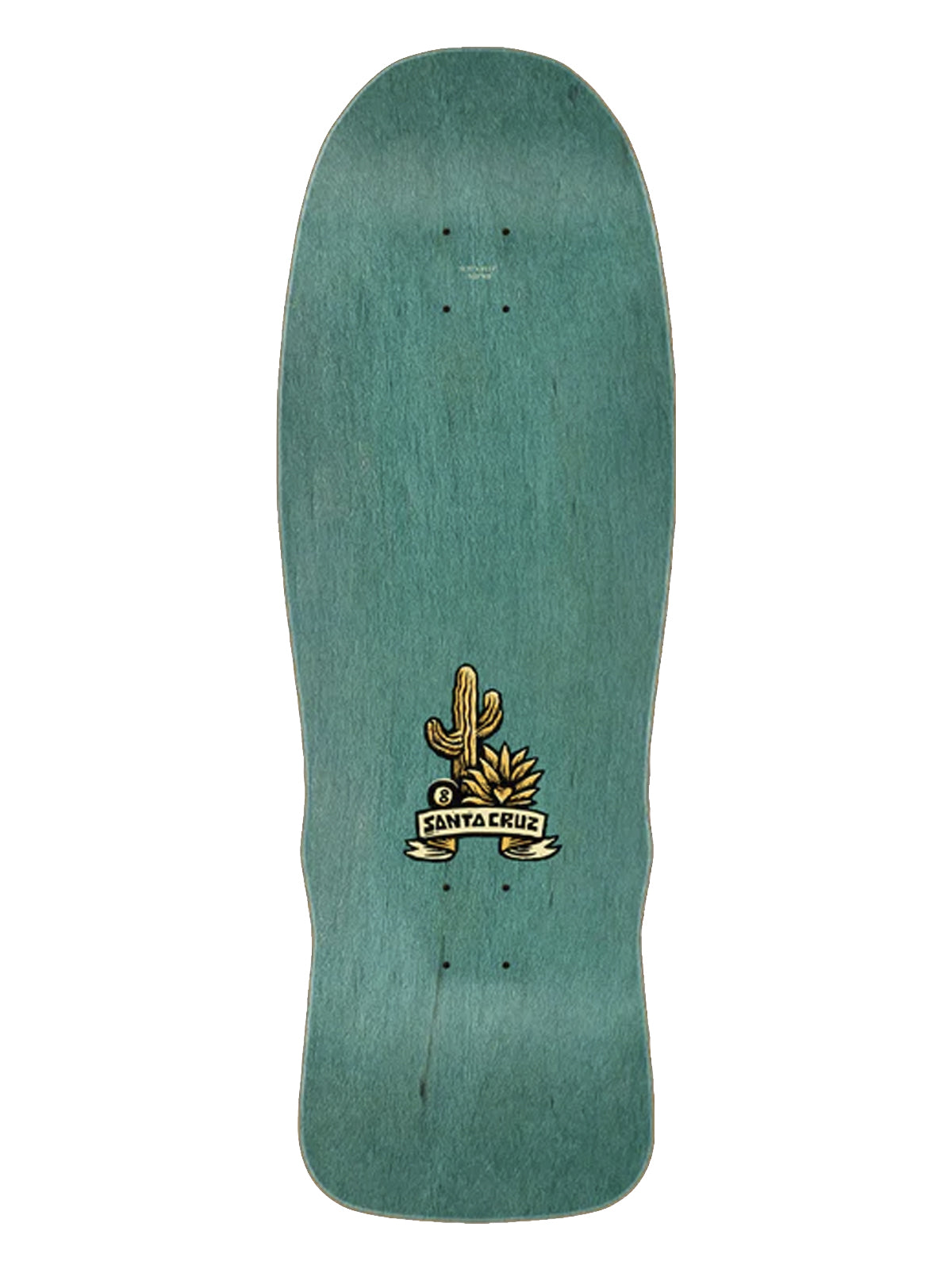 A teal green skateboard deck with a vintage-style cactus and banner graphic in gold, black, and white near the center, shown against a plain white background.