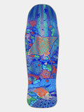 A skateboard deck featuring a highly detailed, colorful underwater illustration with a stingray, fish, sea anemones, and coral in shades of blue, purple, orange, and green, shown against a light gray background.