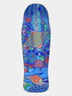 A skateboard deck featuring a highly detailed, colorful underwater illustration with a stingray, fish, sea anemones, and coral in shades of blue, purple, orange, and green, shown against a light gray background.