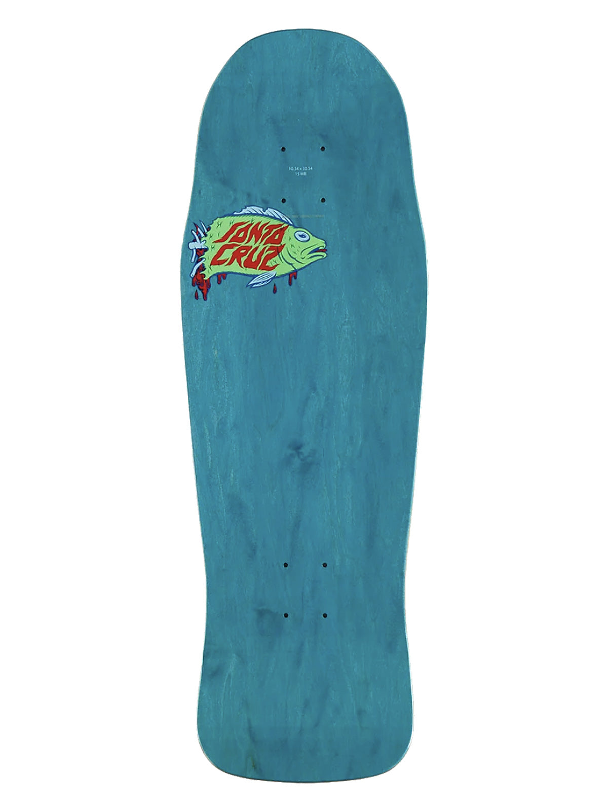 A Santa Cruz full-contact skateboard deck in a teal blue wood finish, featuring the classic green and red Santa Cruz fish logo near the front grip tape.
