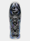A full-length graphic print skateboard deck featuring a detailed black, gray, and blue illustration of a skull with horns and a snake motif at the top, with purple and blue accents near the base.