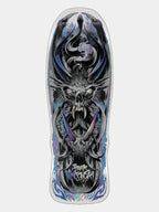 A full-length graphic print skateboard deck featuring a detailed black, gray, and blue illustration of a skull with horns and a snake motif at the top, with purple and blue accents near the base.