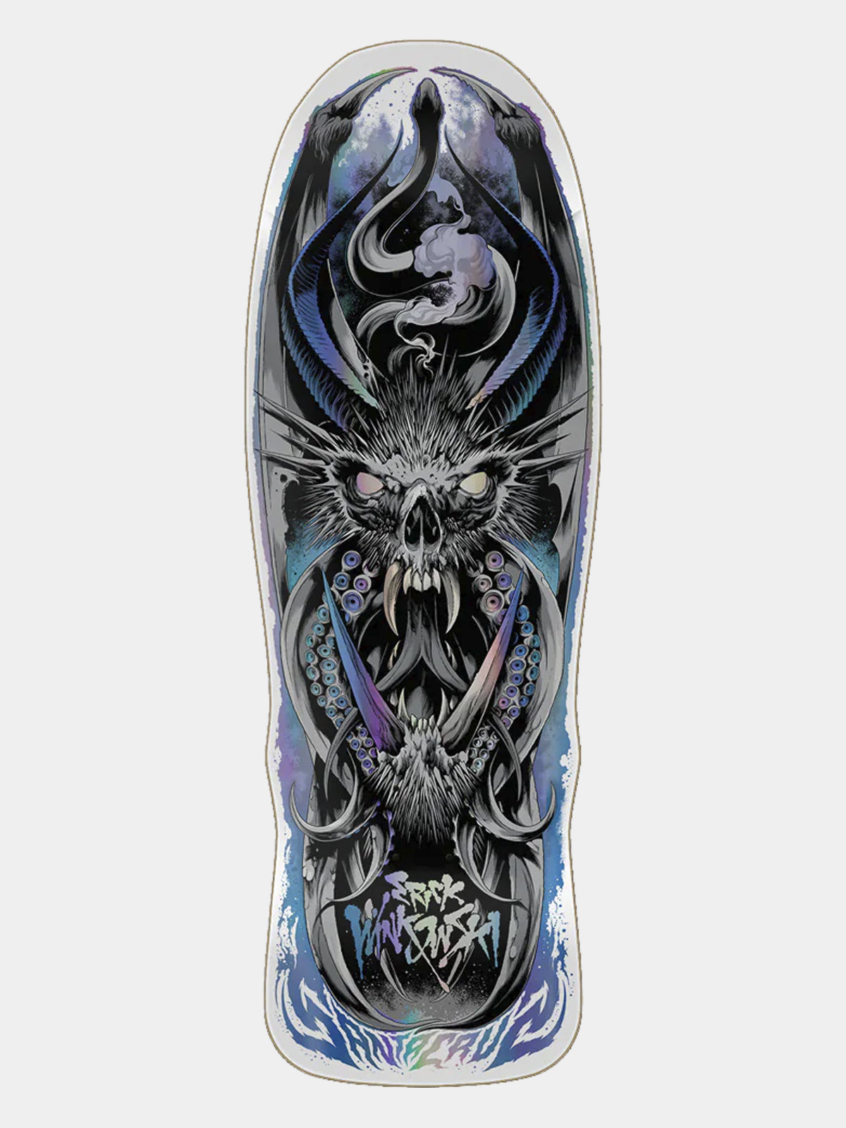 A full-length graphic print skateboard deck featuring a detailed black, gray, and blue illustration of a skull with horns and a snake motif at the top, with purple and blue accents near the base.