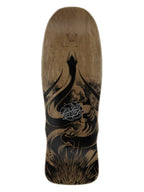 A full-size skateboard deck with a natural wood-grain base featuring a large black graphic of a snake wrapping around a figure, with the Santa Cruz logo in the center.