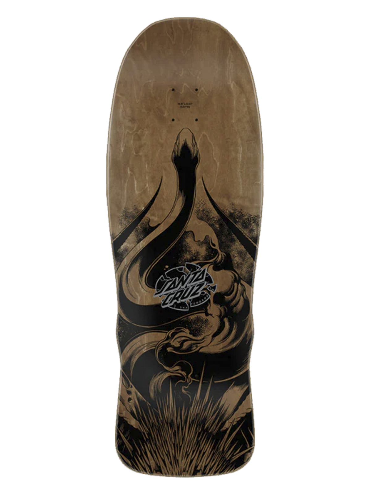 A full-size skateboard deck with a natural wood-grain base featuring a large black graphic of a snake wrapping around a figure, with the Santa Cruz logo in the center.