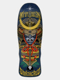 A Kinkowski Santa Cruz skateboard deck featuring a detailed graphic of a samurai warrior with a yin-yang symbol and a 8-ball motif on a light gray background.