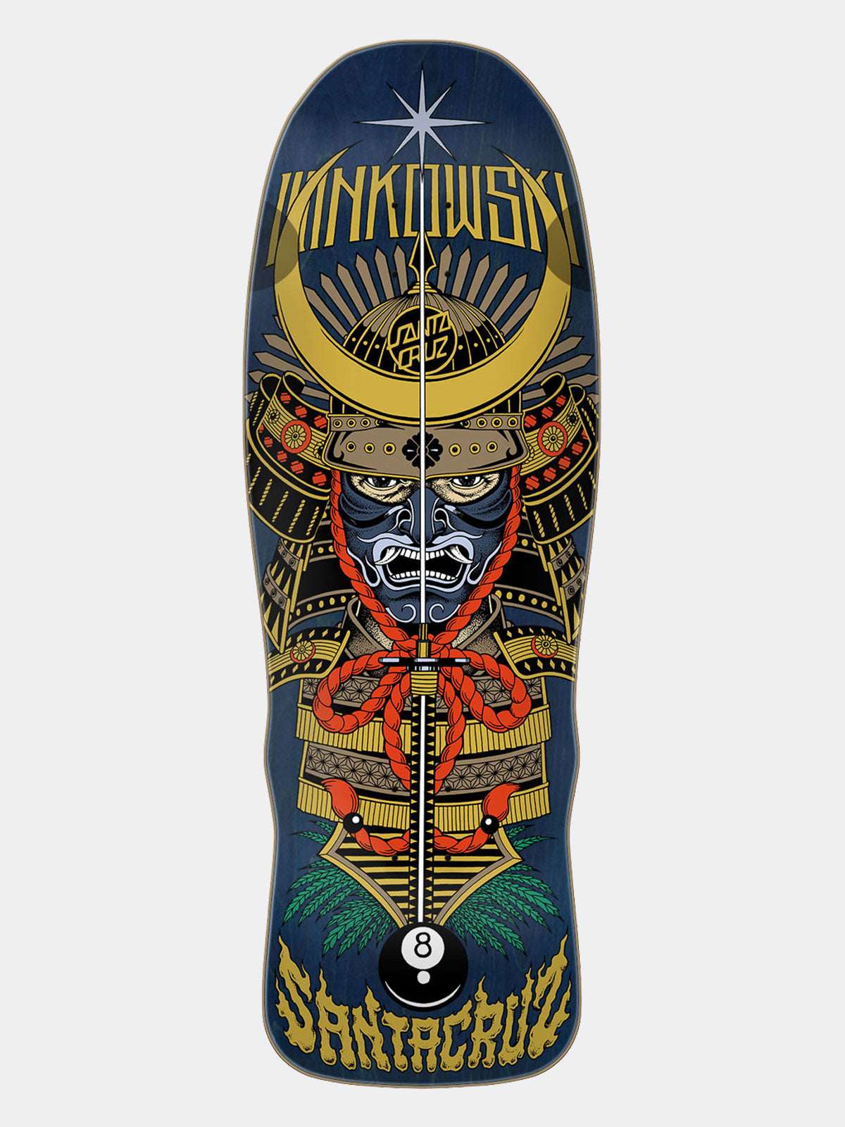 A Kinkowski Santa Cruz skateboard deck featuring a detailed graphic of a samurai warrior with a yin-yang symbol and a 8-ball motif on a light gray background.