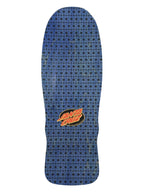 A vintage Santa Cruz skateboard deck featuring a blue and black geometric pattern with the classic red and yellow Santa Cruz logo near the tail, shown against a plain white background.