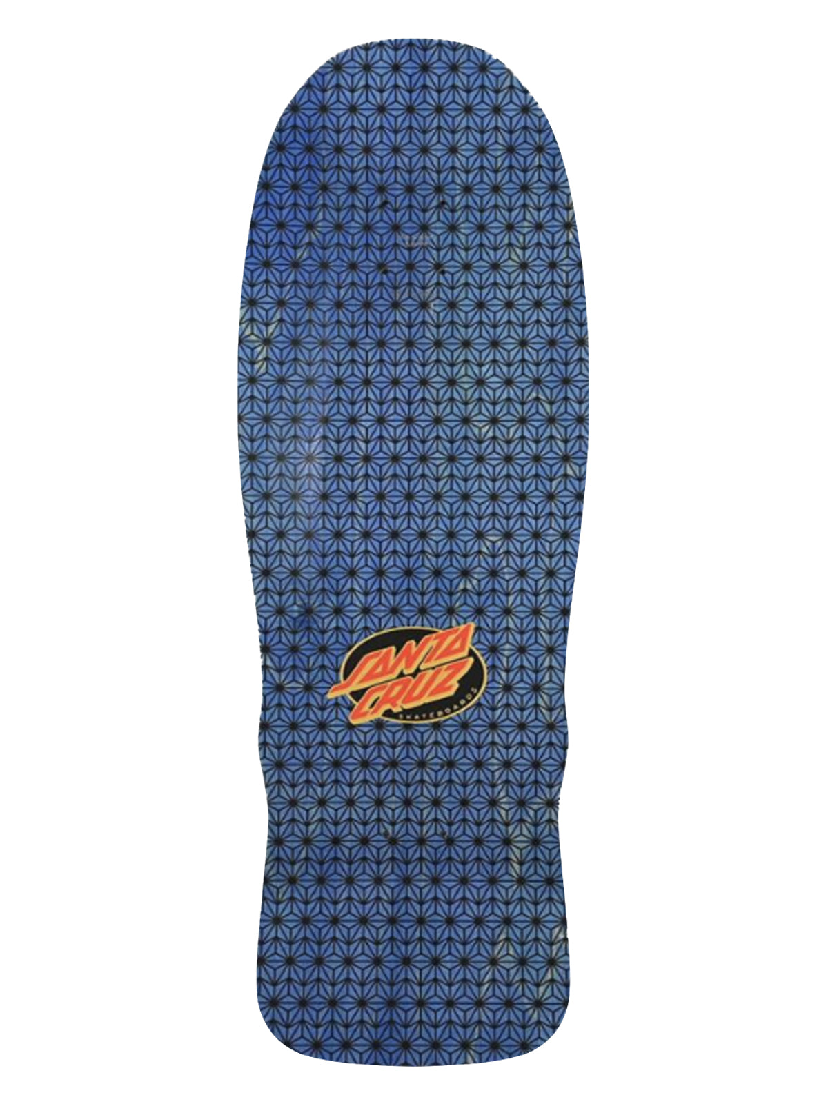 A vintage Santa Cruz skateboard deck featuring a blue and black geometric pattern with the classic red and yellow Santa Cruz logo near the tail, shown against a plain white background.