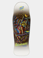 Santa Cruz skateboard deck featuring a colorful psychedelic raccoon illustration with mountains and stars, and 'Wiskowski' printed in yellow at the bottom.