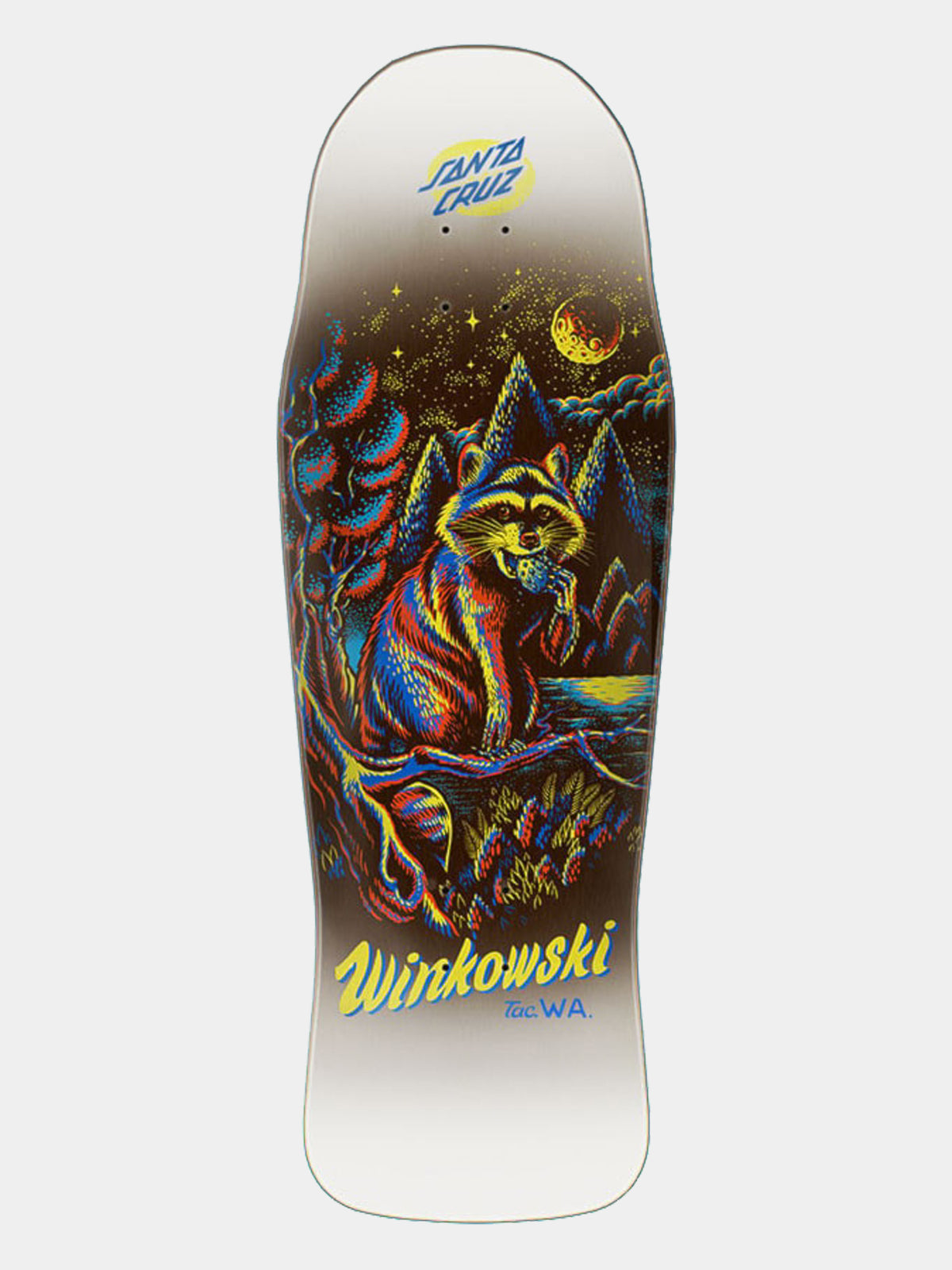 Santa Cruz skateboard deck featuring a colorful psychedelic raccoon illustration with mountains and stars, and 'Wiskowski' printed in yellow at the bottom.