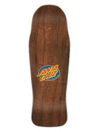 A Santa Cruz skateboard deck with a dark brown wood grain finish and the classic Santa Cruz logo printed in the center.