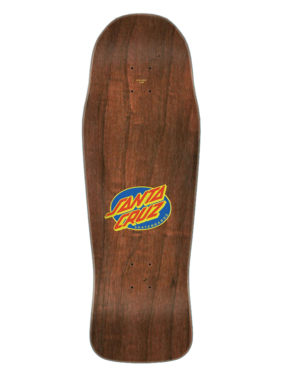 A Santa Cruz skateboard deck with a dark brown wood grain finish and the classic Santa Cruz logo printed in the center.
