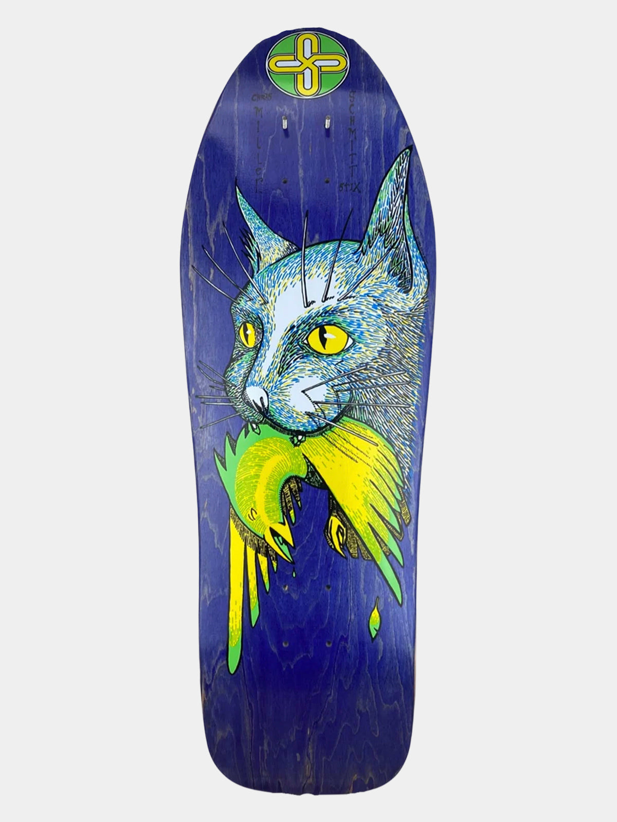 A skateboard deck featuring a dark blue background with a detailed graphic of a blue cat holding a yellow bird, with a green and yellow cross logo at the top.