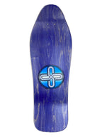 A skateboard deck with a dark blue and purple woodgrain finish, featuring a circular logo in the center with a stylized white and blue symbol.