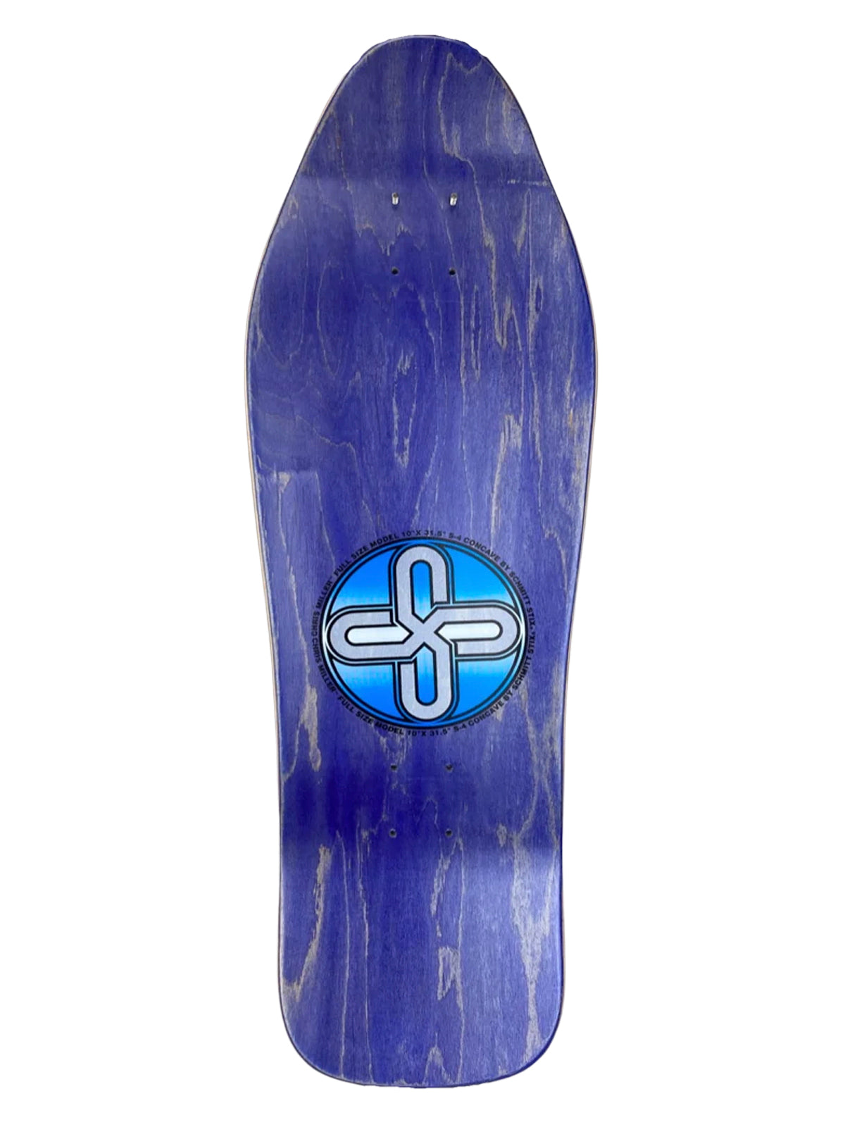 A skateboard deck with a dark blue and purple woodgrain finish, featuring a circular logo in the center with a stylized white and blue symbol.