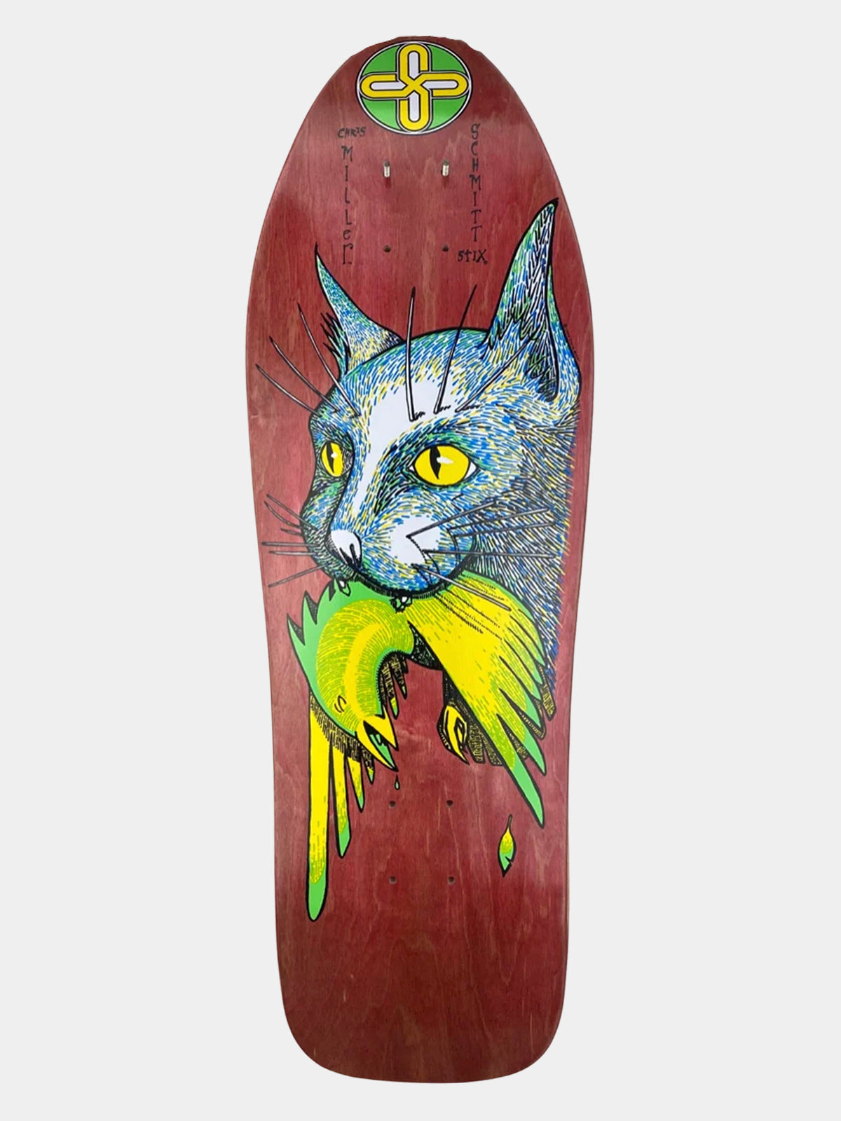 A skateboard deck featuring a detailed graphic illustration of a blue cat with yellow eyes holding a green frog, set against a reddish-brown wood-grain background. The deck is shown vertically on a light gray background.