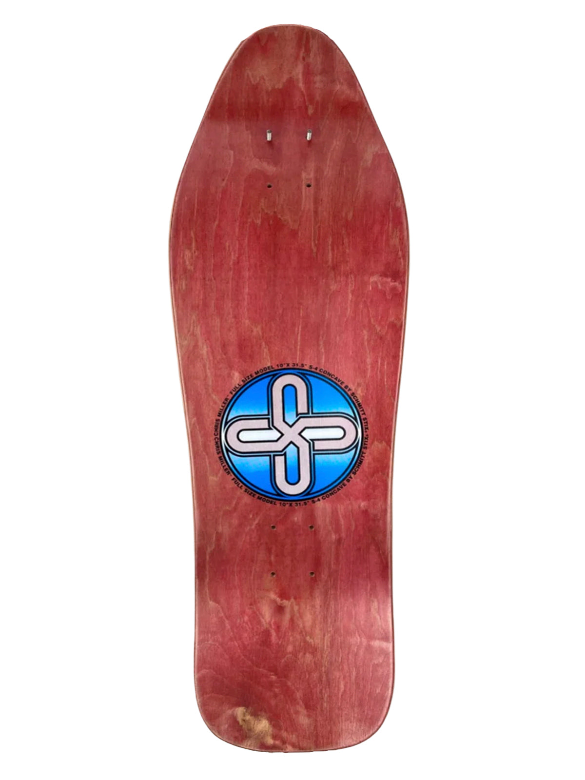 A longboard skateboard deck with a reddish-brown wood grain finish, featuring a circular blue and white logo in the center.