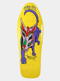 A yellow skateboard deck featuring a stylized purple cat illustration with red, green, and white details, along with the text 'SMMTY STX' and 'Chris Millier' on a light gray background.