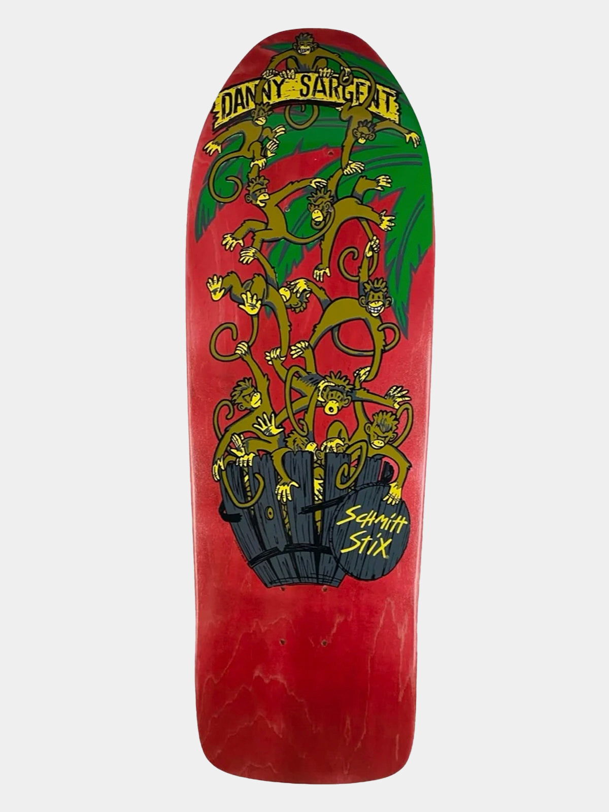 A red skateboard deck featuring a graphic design of green monkeys climbing a tree, with 'DANNY SARGEANT' at the top and 'Schmitt Stix' at the bottom, shown against a light gray background.