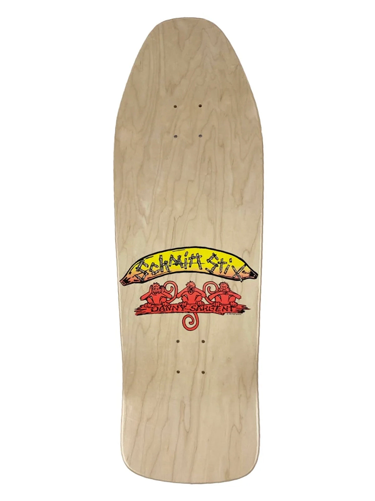A natural wood skateboard deck with a graphic of a yellow banana and red monkeys, featuring the 'Monkey Business' brand logo.