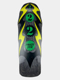 A skateboard deck shown from the top view against a light gray background. The deck features a black and dark gray woodgrain pattern with bright yellow graphic accents and green circular logos containing the number 2 and the brand name 'Himiko Flux'.