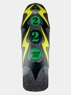 A skateboard deck shown from the top view against a light gray background. The deck features a black and dark gray woodgrain pattern with bright yellow graphic accents and green circular logos containing the number 2 and the brand name 'Himiko Flux'.