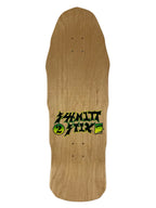 A natural wood skateboard deck with a prominent green and black 'Pumitchick' graphic logo printed near the center, shown against a plain white background.