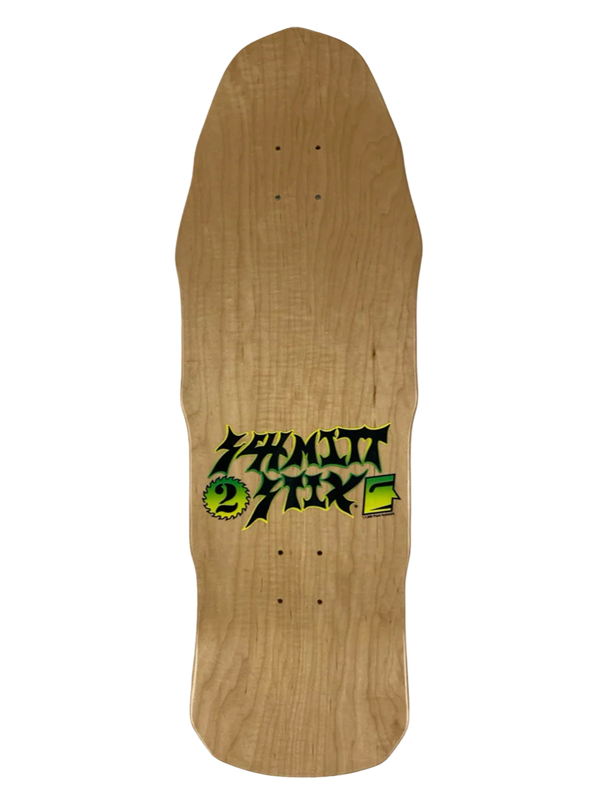 A natural wood skateboard deck with a prominent green and black 'Pumitchick' graphic logo printed near the center, shown against a plain white background.