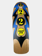 A skateboard deck shown vertically against a light gray background, featuring a natural wood grain base with bold blue and black graphic shapes and three yellow circular graphics containing the number 2 and the brand name '2 PRO'.