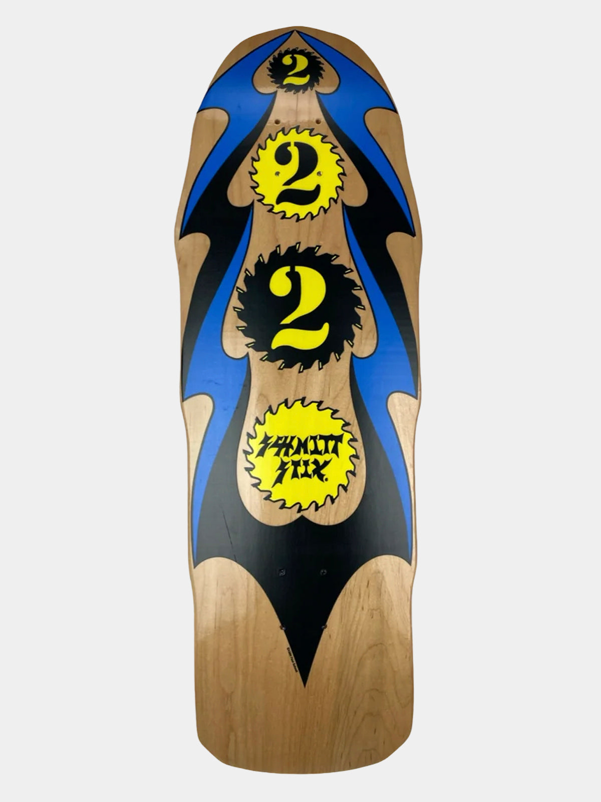 A skateboard deck shown vertically against a light gray background, featuring a natural wood grain base with bold blue and black graphic shapes and three yellow circular graphics containing the number 2 and the brand name '2 PRO'.