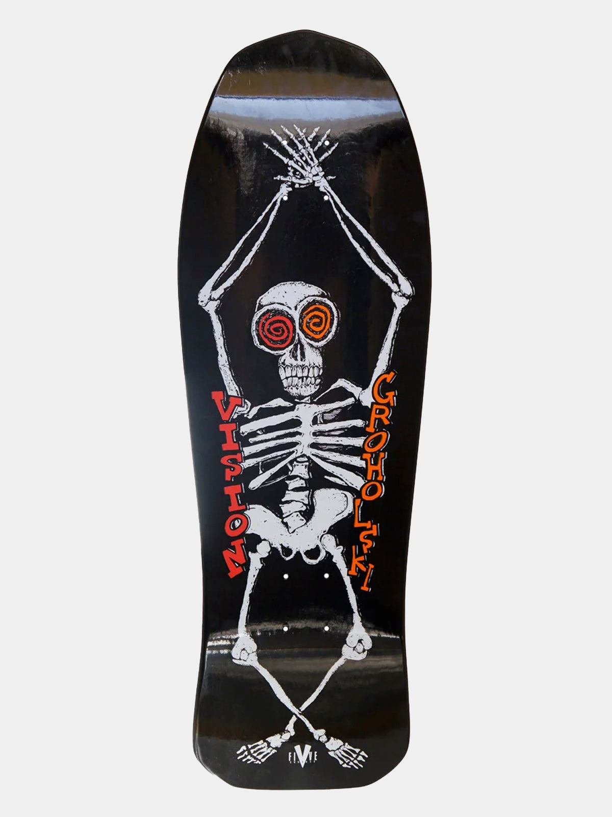 A black skateboard deck featuring a large white skeleton graphic with red spiral eyes and red text reading 'VITATION' and 'CROCHET' on a light gray background.
