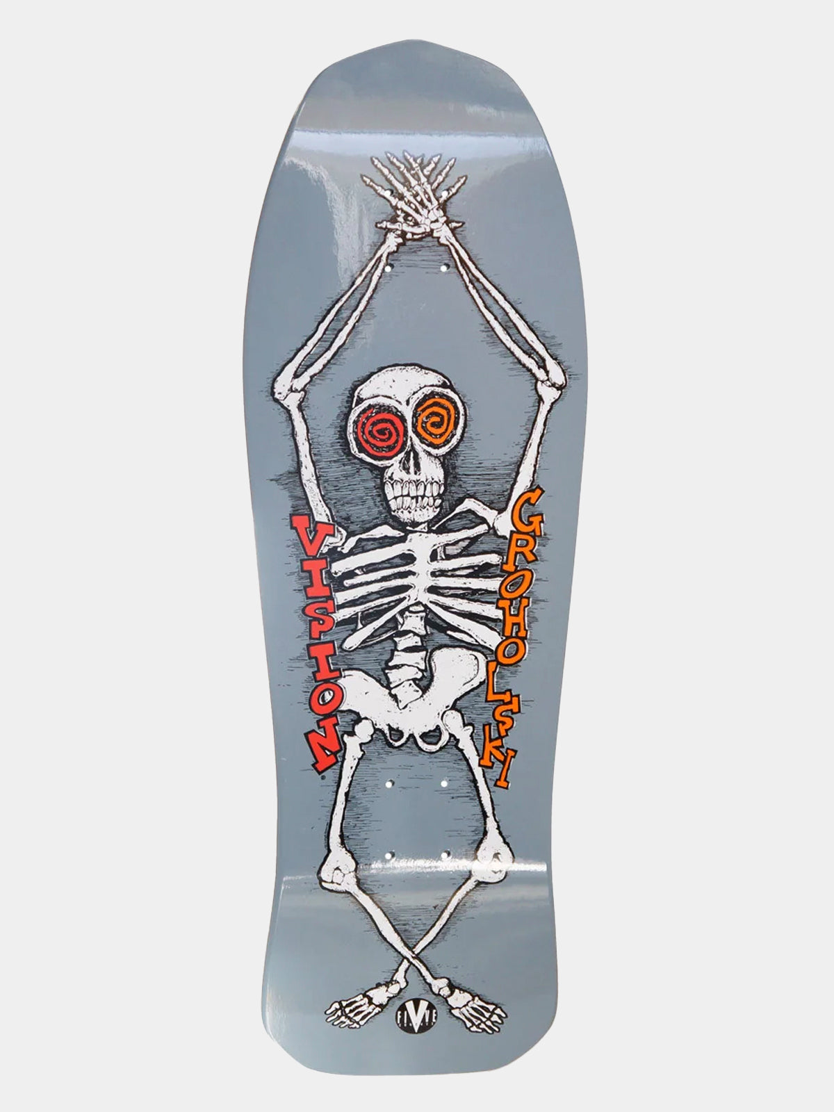 A skateboard deck featuring a large white skeleton graphic stretching vertically, with red spiral eyes and red/orange text reading 'MOTLEY CRASH' on a light gray background.