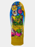 A Ben Nye skateboard deck featuring a highly detailed, colorful graphic illustration of a yellow-skinned deity holding a green creature, with pink eggs and a blue sky background.