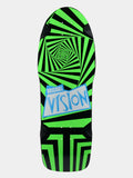 A skateboard deck featuring a bold black and neon green spiral optical illusion pattern, with a blue and white 'Original Vision' logo graphic in the center, shown against a light gray background.