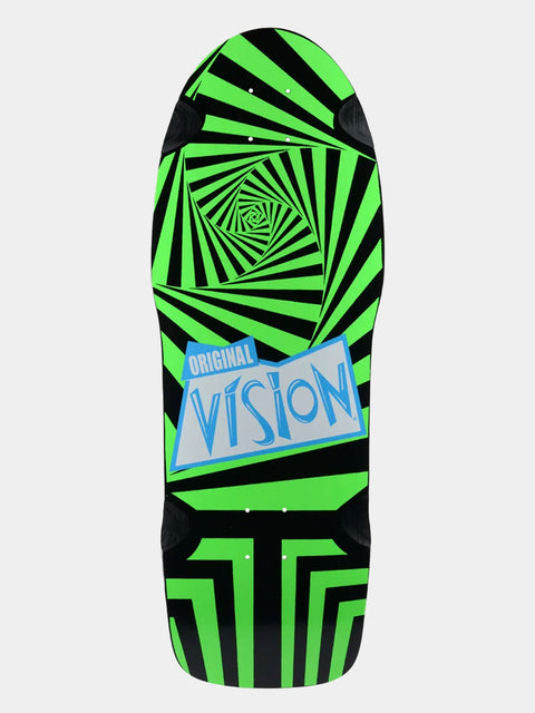 A skateboard deck featuring a bold black and neon green spiral optical illusion pattern, with a blue and white 'Original Vision' logo graphic in the center, shown against a light gray background.
