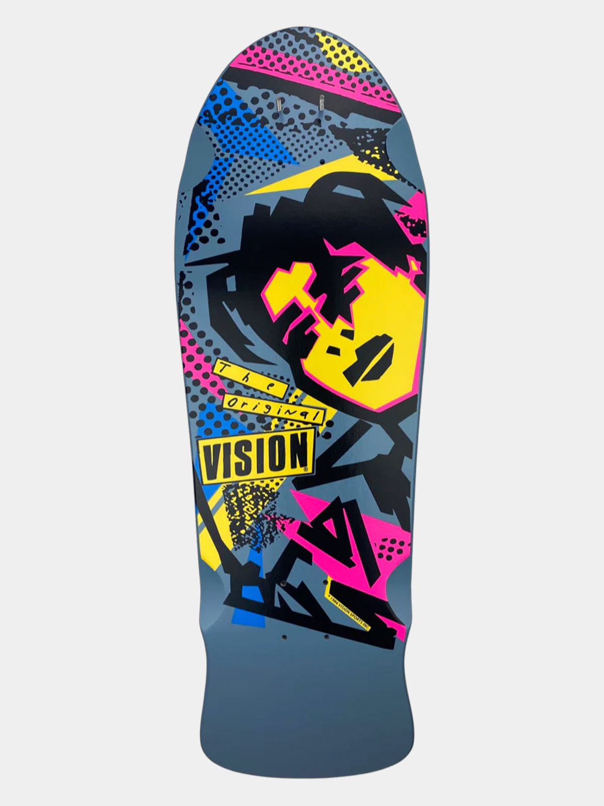 Vision Original MG Mark Gonzales reissue old school skateboard deck in grey dip. Bottom graphic features the iconic 1985 abstract neon geometric face artwork on a 10-inch retro pig shape.