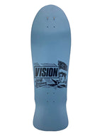 Top view of Vision Original MG Mark Gonzales reissue skateboard deck in light blue. Features the classic 1980s retro black screen printed Vision Skateboards box logo with Mark Gonzales portrait graphic on a wide old school shape.