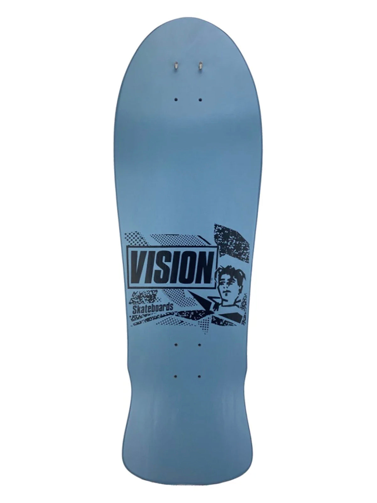 Top view of Vision Original MG Mark Gonzales reissue skateboard deck in light blue. Features the classic 1980s retro black screen printed Vision Skateboards box logo with Mark Gonzales portrait graphic on a wide old school shape.