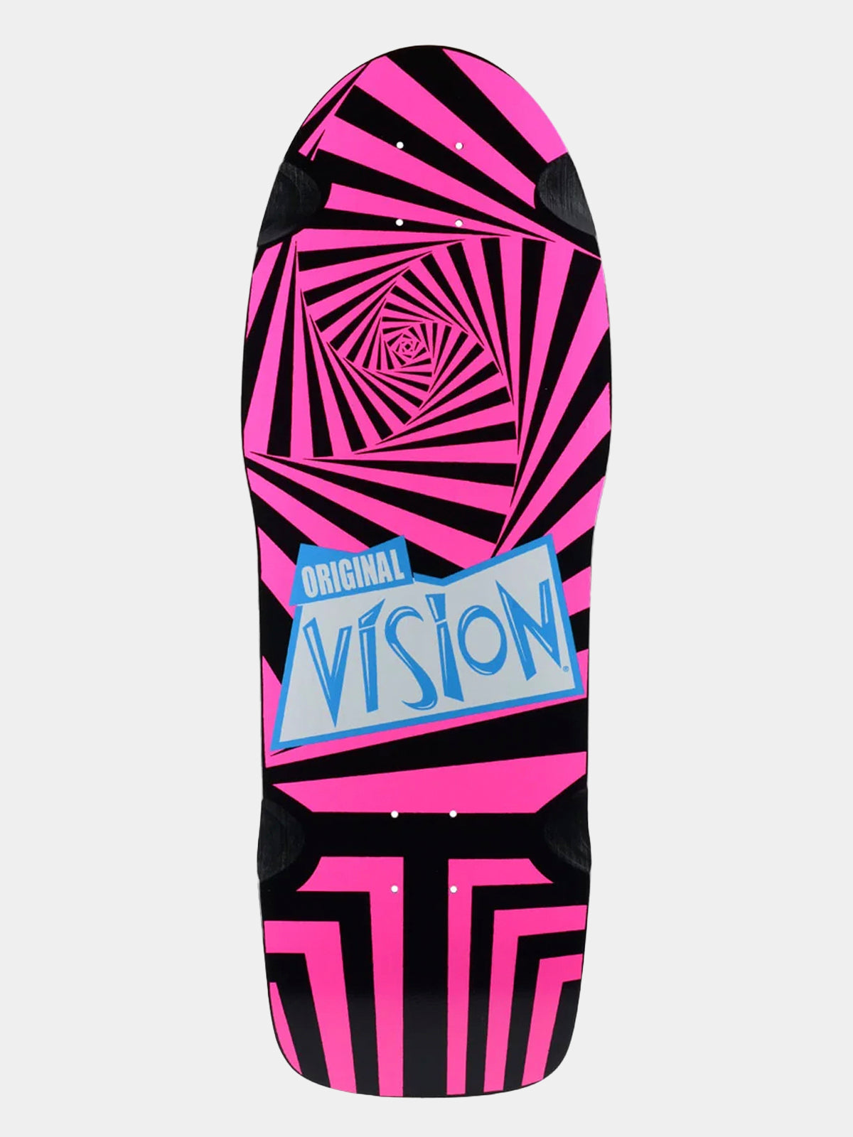 A skateboard deck featuring a bold pink and black spiral optical illusion pattern with a blue and white 'Original Vision' logo in the center, shown against a light gray background.