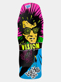 Vision original PSYCHO STICK woodcut reissue old school skateboard deck in Blue with VISION branding and graphic featuring the iconic Sean Starwars hand-carved relief print of Andy Takakjian’s 1986 punk guy with spiral sunglasses and a neon mohawk.