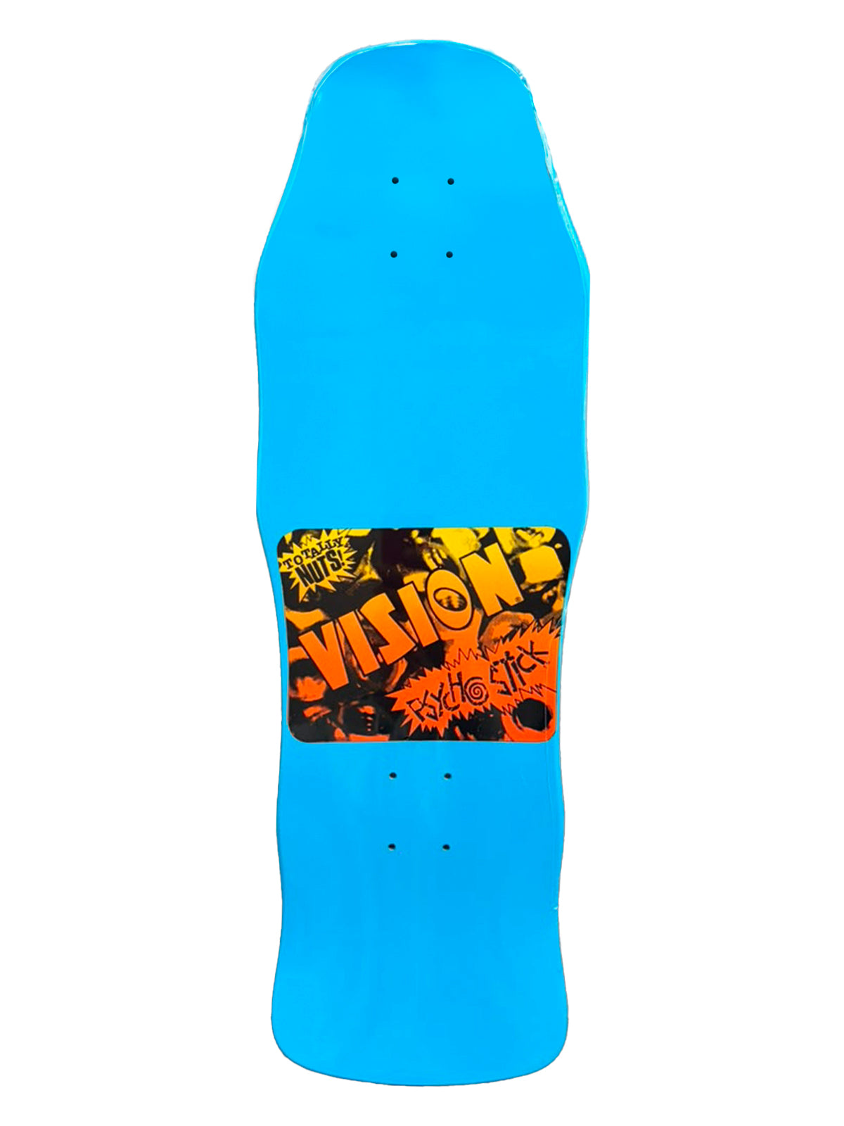 Vision original PSYCHO STICK woodcut deck in dipped Sky Blue with VISION PSYCHO STICK branding in a band of Black, Yellow and Orange gradient.