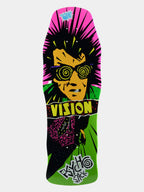 A skateboard deck featuring a vibrant graphic illustration of a character with a black mohawk, yellow face, and spiral glasses, set against a pink and green background with the text 'VISION' and 'EXIT STICK'.