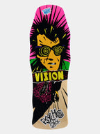 A long, narrow skateboard deck featuring a bold graphic design with a stylized face wearing spiral sunglasses, a bright pink burst background, green accents, and the words 'VISION' and 'Psycho Stick'.