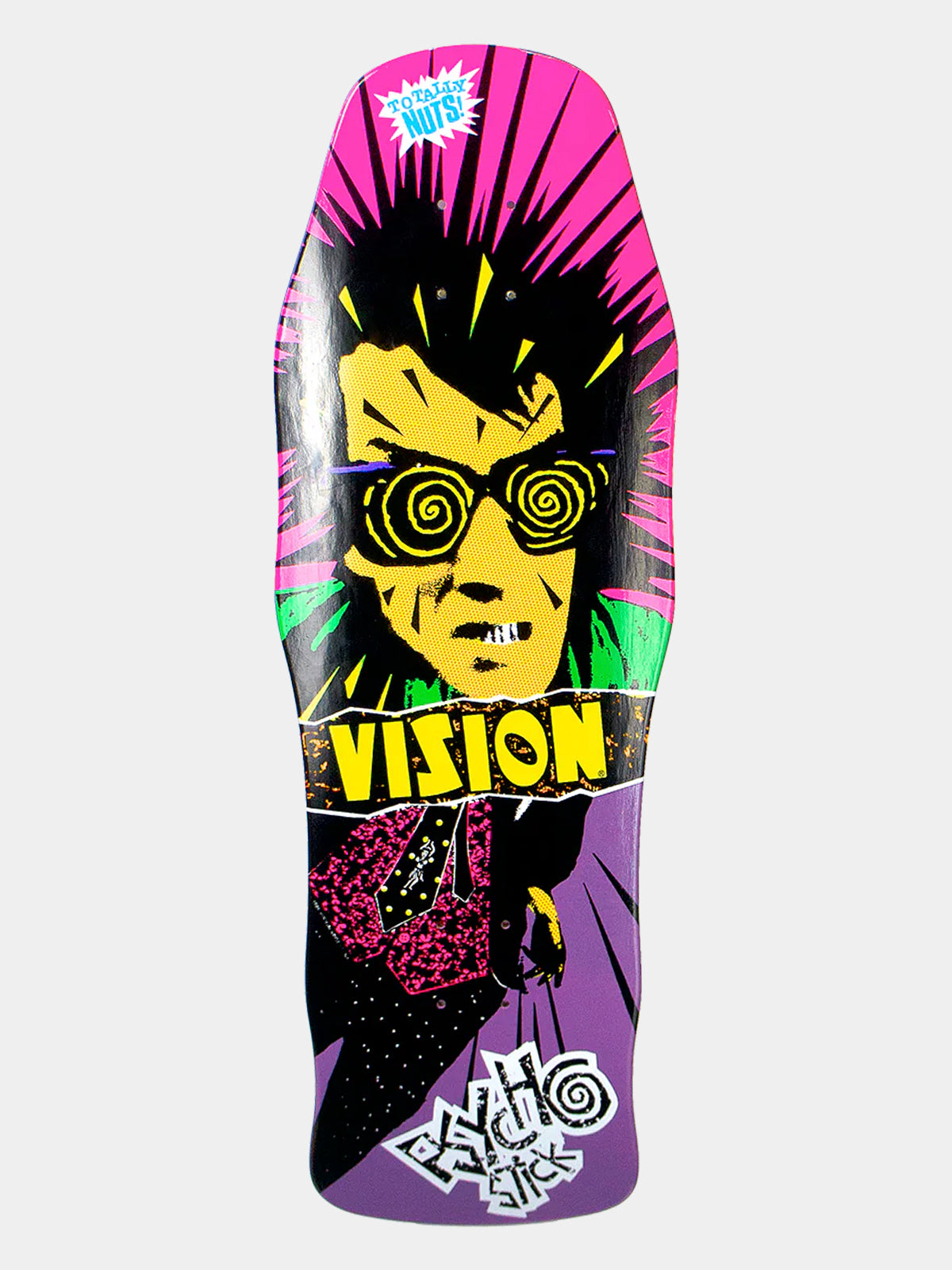 A skateboard deck featuring a vibrant graphic illustration of a stylized face with spiral glasses, set against a pink and purple background with the word 'VISION' in bold yellow letters.