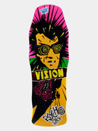 A skateboard deck featuring a bold graphic illustration of a face with spiral sunglasses, a pink burst background, and the word 'VISION' across the center, shown on a light gray background.