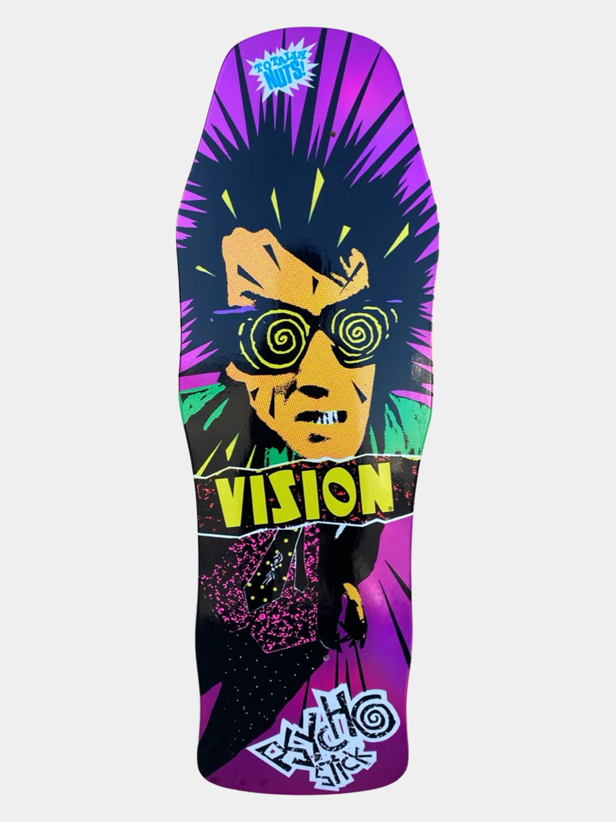 A skateboard deck featuring a vibrant graphic design of a stylized face with spiral sunglasses, set against a purple and black background with green accents. The text 'VISION' is printed across the middle, and the 'Street Style' brand logo is visible at the top.